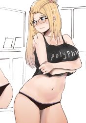 Rule 34 | 1girl, bangs pinned back, bare shoulders, black panties, black tank top, blonde hair, blue eyes, blush, breast hold, breast lift, breasts, cleavage, clothes writing, collarbone, commentary, cowboy shot, curvy, english commentary, glasses, group name, hair ornament, hairclip, highres, indoors, inne sulistya robin, long hair, looking back, midriff, mirror, navel, norman maggot, nose blush, original, panties, polyphia (band), reflection, sidelocks, solo, standing, sweatdrop, tank top, teacher, underwear, weight conscious