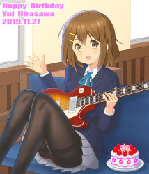 1girl 2019 birthday black_pantyhose blush brown_eyes brown_hair cake character_name dated day dessert dot_nose english_text feet_out_of_frame female_focus food fruit guitar hair_between_eyes happy_birthday hirasawa_yui holding holding_guitar holding_instrument indoors instrument jophiel k-on! legs long_sleeves open_mouth panties panties_under_pantyhose pantyhose plate school_uniform short_hair sitting skirt solo strawberry teeth underwear waving window