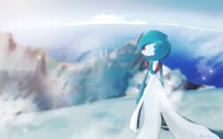 Rule 34 | 1girl, alternate color, arms at sides, artist name, back, blue hair, blue skin, blue sky, blurry, blurry background, bob cut, closed mouth, cloud, colored skin, creatures (company), day, female focus, from behind, full body, game freak, gardevoir, gen 3 pokemon, happy, looking afar, mountain, multicolored skin, nintendo, outdoors, pokemon, pokemon (creature), red eyes, rize (r), shiny pokemon, short hair, signature, sky, smile, snow, solo, standing, twitter username, two-tone skin, white skin