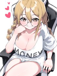 Rule 34 | 1girl, blonde hair, blush, braid, breasts, brown eyes, chair, cleavage, clenched teeth, collarbone, copyright request, glasses, hair between eyes, heart, highres, large breasts, long hair, looking at viewer, on chair, round eyewear, shirt, short sleeves, simple background, sitting, smile, solo, t-shirt, teeth, thighs, tosyeo, twin braids, white background, white shirt
