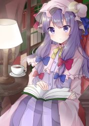 Rule 34 | 1girl, blue bow, blue ribbon, blush, book, bookshelf, bow, bowtie, capelet, closed mouth, commentary, crescent, crescent hat ornament, cup, doko ka no hosono, dress, feet out of frame, frilled capelet, frills, hair bow, hat, hat ornament, hat ribbon, highres, indoors, lamp, library, long dress, long hair, looking at viewer, mob cap, multi-tied hair, open book, patchouli knowledge, pink capelet, purple dress, purple eyes, purple hair, red bow, red ribbon, ribbon, sitting, solo, striped clothes, striped dress, teacup, touhou, vertical-striped clothes, vertical-striped dress, yellow bow, yellow bowtie