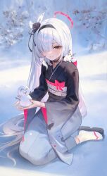 Rule 34 | 1girl, absurdres, black eyes, black kimono, blue archive, blush, closed mouth, hair over one eye, halo, highres, ikkia, japanese clothes, kimono, long hair, long sleeves, looking at viewer, obi, plana (blue archive), red halo, sash, smile, snow, snowman, socks, solo, white hair, white socks, wide sleeves