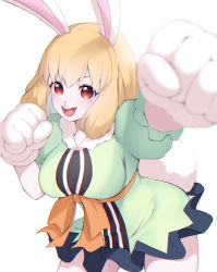 Rule 34 | 1girl, :d, animal ears, blonde hair, carrot (one piece), commentary request, crazy otama, dress, eyelashes, furry, furry female, green dress, happy, highres, looking at viewer, one piece, open mouth, rabbit ears, rabbit girl, rabbit tail, short hair, simple background, smile, solo, standing, tail, white background