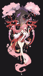 Rule 34 | 1girl, bare shoulders, black background, blouse, branch, cherry blossoms, circle, coattails, commentary, crossed legs, detached sleeves, earrings, english commentary, falling petals, floral print, flower knot, fox shadow puppet, full body, genshin impact, hair ornament, hand up, highres, ideolo, japanese clothes, jewelry, kimono, leaning forward, long hair, looking to the side, miko, petals, pink hair, print kimono, purple eyes, red kimono, sandals, shirt, sleeveless, sleeveless kimono, sleeveless shirt, solo, standing, tassel, torii, tree, very long hair, vision (genshin impact), watson cross, white shirt, wide sleeves, yae miko