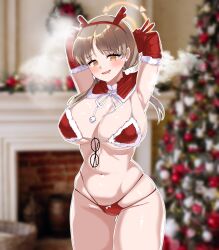 Rule 34 | 1girl, absurdres, antlers, armpits, arms behind head, bare legs, bikini, blue archive, blush, breasts, brown eyes, capelet, christmas, christmas ornaments, christmas tree, cleavage, cowboy shot, drooling, elbow gloves, glasses, gloves, groin, halo, highres, horns, index finger raised, indoors, johwa (1n33dyour1ov3), large breasts, long hair, low twintails, moe (blue archive), navel, open mouth, orange halo, red bikini, red capelet, red gloves, reindeer antlers, round eyewear, santa bikini, smile, solo, swimsuit, twintails, unworn eyewear, v, yellow eyes