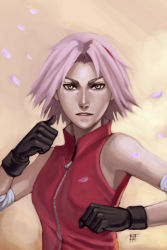 Rule 34 | 1girl, arm warmers, bare shoulders, black gloves, breasts, cherry blossoms, gloves, green eyes, hand up, haruno sakura, looking at viewer, name connection, naruto (series), naruto shippuuden, ninjatic, object namesake, parted lips, petals, pink hair, red shirt, shirt, short hair, sleeveless, sleeveless shirt, solo, upper body, zipper
