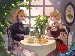 Rule 34 | 2girls, blonde hair, choker, citrinne (fire emblem), constance von nuvelle, cup, detached sleeves, dress, feather hair ornament, feathers, fire emblem, fire emblem: three houses, fire emblem engage, flower, food, fork, garreg mach monastery uniform, glass, gold choker, hair ornament, hairband, highres, holding, holding cup, holding fork, jewelry, long sleeves, looking at another, manymanylilies, multiple girls, necklace, nintendo, open mouth, purple eyes, red eyes, shawl, short hair, sitting, smile, table, tea, teacup