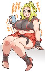 Rule 34 | 1girl, bad id, bad pixiv id, blonde hair, blush, breasts, brown eyes, cellphone, clothes around waist, curvy, doboshiru, dougi, covered erect nipples, female focus, fingerless gloves, full body, genderswap, genderswap (mtf), gloves, high ponytail, huge breasts, japanese text, ken masters, knees together feet apart, long hair, looking at viewer, midriff, navel, open mouth, phone, simple background, sitting, solo, street fighter, street fighter v, teardrop, tears, text focus, thick thighs, thighs, toeless legwear, toes, translation request, white background, wide hips