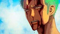 Rule 34 | 1boy, absurdres, blood, blood on face, close-up, green hair, highres, looking ahead, male focus, nok (nok 1), nosebleed, one piece, roronoa zoro, serious, short hair, solo, veiny face