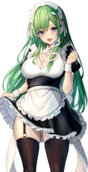 Rule 34 | 1girl, 7saki, :d, absurdres, apron, black thighhighs, blue eyes, breasts, cleavage, clothing cutout, commentary request, frog hair ornament, garter straps, green hair, hair ornament, heart cutout, highres, kochiya sanae, large breasts, long hair, looking at viewer, maid, maid headdress, mole, mole on breast, open mouth, short sleeves, simple background, smile, snake hair ornament, solo, thighhighs, touhou, underbust, waist apron, white background