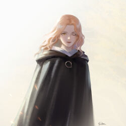 Rule 34 | 1girl, black cloak, cloak, closed mouth, commentary, eika127, elden ring, english commentary, facial tattoo, floating hair, highres, hood, hood down, hooded cloak, long hair, looking at viewer, melina (elden ring), one eye closed, orange hair, parted hair, red lips, signature, simple background, smile, solo, tattoo, wavy hair, white background, yellow eyes