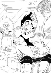 Rule 34 | 1boy, 2girls, absurdres, ass, ass grab, blush, bulma, butt crack, cat, cowgirl position, dimples of venus, dinosaur, dragon ball, dragonball z, embarrassed, food, grabbing another&#039;s ass, greyscale, hand on another&#039;s hip, hand on another&#039;s neck, highres, monochrome, multiple girls, panchy, partially undressed, pink mousse, sex, sexually suggestive, sitting, sitting on person, smile, straddling, surprised, tree, vegeta, walk-in