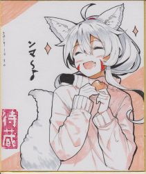 Rule 34 | 1girl, :d, ^ ^, ahoge, animal ear fluff, animal ears, blush, closed eyes, dated, facial mark, fang, food, fox ears, fox girl, fox tail, hair between eyes, hands up, high ponytail, highres, holding, long hair, long sleeves, marker (medium), open mouth, original, photo (medium), pink sweater, ponytail, silver hair, sleeves past wrists, smile, solo, sparkle, sweater, tail, tail raised, traditional media, translation request, turtleneck, turtleneck sweater, upper body, yuuji (yukimimi)