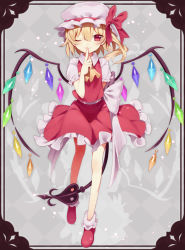 Rule 34 | 1girl, ascot, asymmetrical hair, blonde hair, bow, dyumo (moffri), finger to mouth, flandre scarlet, framed, hat, hat bow, laevatein, looking at viewer, mob cap, one eye closed, pink eyes, puffy sleeves, red footwear, sash, shirt, shoes, short sleeves, shushing, side ponytail, skirt, skirt set, smile, solo, touhou, vest, wings, wink