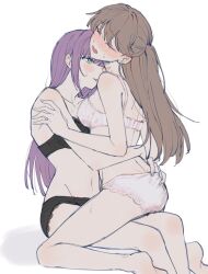 Rule 34 | 2girls, black bra, black panties, blush, bra, breasts, brown hair, collarbone, commentary, ear blush, from side, fujishima megumi, hair down, hand in another&#039;s panties, hickey, highres, lace, lace-trimmed bra, lace-trimmed panties, lace trim, link! like! love live!, long hair, love live!, medium breasts, multiple girls, navel, nose blush, otomune kozue, panties, purple hair, saliva, saliva trail, sidelocks, simple background, stomach, straddling, sweat, two side up, underwear, upright straddle, virtual youtuber, white background, white bra, white panties, yuri, zenma trang