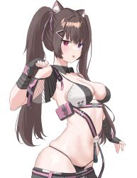 Rule 34 | 1girl, animal ears, arm up, bikini, black bikini, black gloves, breasts, brown hair, cat ears, cat girl, chest harness, clenched hand, cowboy shot, detached collar, fingerless gloves, gloves, goddess of victory: nikke, hair intakes, hair ornament, hair ribbon, hairclip, harness, heterochromia, highres, light blush, long hair, medium breasts, navel, nero (nikke), pouch, purple eyes, red eyes, ribbon, sidelocks, simple background, skindentation, solo, string bikini, swimsuit, tongue, tongue out, twintails, white background, xi oshir1