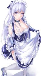 Rule 34 | 1girl, absurdres, apron, azur lane, belfast (azur lane), braid, breasts, cleavage, clothes lift, dress, dress lift, french braid, frilled apron, frills, gloves, grey footwear, highres, large breasts, light purple hair, long hair, looking at viewer, maid headdress, purple dress, purple eyes, shiroinu (shiroinu 283p), simple background, solo, standing, white apron, white background, white gloves, white legwear