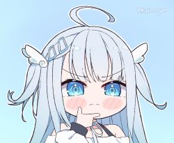 Rule 34 | 1girl, ahoge, amatsuka uto, blue background, blue eyes, blue hair, blush stickers, chibi, commentary, dress, english commentary, furrowed brow, hair ornament, hairclip, hand on own chin, indie virtual youtuber, kukie-nyan, light blue hair, looking at viewer, portrait, sidelocks, solo, stroking own chin, thinking, twitter username, virtual youtuber
