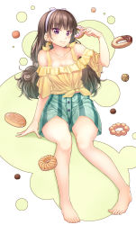Rule 34 | 1girl, amanogawa kirara, angel cream, bare legs, bare shoulders, barefoot, blouse, blunt bangs, breasts, brown hair, chobipero, choco fashion, cleavage, collarbone, doughnut, doughnut hole, earrings, eating, feet, filled doughnut, food, french cruller, full body, go! princess precure, hair ribbon, highres, holding, holding food, jewelry, long hair, looking at viewer, old-fashioned doughnut, pon de ring, precure, purple eyes, ribbon, shirt, shorts, simple background, sitting, smile, solo, sprinkles, star (symbol), star earrings, striped clothes, striped shorts, tied shirt, toes, tsurime, vertical-striped clothes, vertical-striped shorts, wide sleeves, yellow shirt