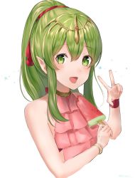 Rule 34 | 1girl, bad id, bad twitter id, bare shoulders, bracelet, fire emblem, fire emblem: mystery of the emblem, fire emblem heroes, food, green eyes, green hair, hair ribbon, highres, jewelry, long hair, niko (aiai03012), nintendo, open mouth, pink one-piece swimsuit, pointy ears, ponytail, popsicle, red ribbon, ribbon, simple background, solo, swimsuit, tiara, tiki (fire emblem), tiki (young) (fire emblem), v, watermelon bar, white background, wristband