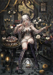 Rule 34 | 1girl, babydoll, birdcage, black flower, black rose, cage, cake, candle, candlestand, curled horns, dragon girl, eating, flower, food, fork, grey eyes, highres, holding, holding fork, holding knife, horns, jacket, knife, lingerie, long hair, looking at viewer, midriff, muffin, open mouth, original, rose, see-through, see-through jacket, senano-yu, sitting, skeleton snake, solo, underwear, white flower, white hair, white rose