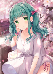 Rule 34 | 1girl, bad id, bad pixiv id, blunt bangs, blush, breasts, brick wall, cherry blossoms, cleavage, closed mouth, commentary request, dress, earrings, fence, flower earrings, futaba sana, green eyes, green hair, hair ribbon, highres, hime cut, jewelry, looking at viewer, magia record: mahou shoujo madoka magica gaiden, mahou shoujo madoka magica, medium breasts, medium hair, outdoors, panties, pantyshot, petals, ribbon, scrunchie, side-tie panties, side-tie peek, sidelocks, smile, solo, suzugahama, underwear, white dress, wooden fence, wrist scrunchie