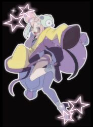 1girl :d =_(9_yawbus) black_background blue_hair blush_stickers bow-shaped_hair character_hair_ornament creatures_(company) full_body game_freak grey_pantyhose hair_ornament high_heels highres iono_(pokemon) jacket leg_up long_hair long_sleeves looking_at_viewer multicolored_hair nintendo open_mouth pantyhose pink_hair pokemon pokemon_sv sharp_teeth single_leg_pantyhose sleeves_past_fingers sleeves_past_wrists smile star_(symbol) teeth thigh_strap twintails two-tone_hair upper_teeth_only very_long_hair wide_sleeves yellow_jacket