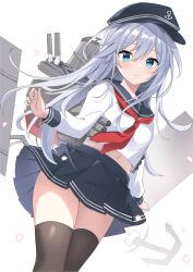 Rule 34 | 1girl, absurdres, anchor symbol, black hat, black sailor collar, black skirt, black thighhighs, blue eyes, blush, closed mouth, fathom, feet out of frame, flat cap, grey hair, hair between eyes, hat, hibiki (kancolle), highres, kantai collection, long hair, long sleeves, neckerchief, pleated skirt, red neckerchief, sailor collar, school uniform, serafuku, skirt, smile, solo, thighhighs