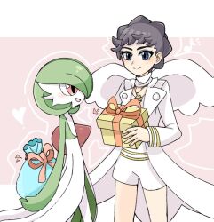 Rule 34 | 2girls, arms behind back, black hair, blue eyes, blush, bob cut, box, closed mouth, coat, collarbone, colored skin, cowboy shot, creatures (company), diantha (pokemon), eye contact, female focus, flat chest, from side, game freak, gardevoir, gen 3 pokemon, gift, gift box, green hair, green skin, hands up, happy, heart, holding, holding box, holding gift, holding sack, jewelry, jpeg artifacts, long sleeves, looking at another, multicolored skin, multiple girls, musical note, necklace, nintendo, open clothes, open coat, open mouth, orange ribbon, outline, pink background, pokemon, pokemon (creature), pokemon xy, profile, red eyes, red ribbon, ribbon, sack, shirt, short hair, short shorts, shorts, smile, split mouth, standing, suzu (pixiv 32232702), thighs, two-tone skin, white coat, white outline, white shirt, white shorts, white skin, white wings, wings