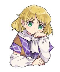 Rule 34 | 1girl, blonde hair, closed mouth, commentary request, detached sleeves, green eyes, hand to own mouth, head tilt, looking at viewer, mizuhashi parsee, sasa kichi, scarf, short hair, short sleeves, simple background, solo, touhou, upper body, white background, white scarf