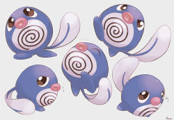 Rule 34 | absurdres, brown eyes, commentary request, creatures (company), flying sweatdrops, game freak, gen 1 pokemon, highres, multiple views, nintendo, no humans, open mouth, ouran, pokemon, pokemon (creature), poliwag, signature, smile, white background