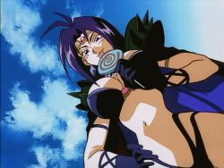 Rule 34 | 1990s (style), 1girl, animated, animated gif, bikini, breasts, candy, cape, cloud, earrings, female focus, food, gloves, hand on own hip, jewelry, large breasts, licking, lollipop, long hair, looking down, naga the serpent, navel, purple hair, sexually suggestive, sky, slayers, solo, swimsuit, tongue, tongue out