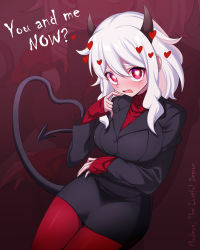 Rule 34 | 1girl, absurdres, black horns, black jacket, black sleeves, black tail, blazer, blush, breasts, child (isoliya), commentary, demon girl, demon tail, english text, gradient background, hair ornament, hand up, heart, heart-shaped pupils, heart hair ornament, helltaker, highres, horns, jacket, large breasts, long sleeves, looking at viewer, modeus (helltaker), open mouth, pantyhose, red background, red eyes, red pantyhose, red sweater, ribbed sweater, solo, sweater, symbol-shaped pupils, tail, teeth, upper teeth only, white hair, zoom layer