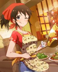 Rule 34 | 10s, 1girl, ;p, ;q, apron, blue eyes, blush, brown hair, character name, cooking, food, idolmaster, idolmaster million live!, licking lips, looking at viewer, musical note, official art, one eye closed, ponytail, pot, satake minako, solo, tongue, tongue out, wink