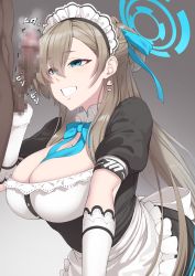 Rule 34 | 1girl, apron, asuna (blue archive), black dress, blue archive, blue ribbon, blush, bow, bowtie, breasts, censored, cleavage, dark-skinned male, dark skin, dress, elbow gloves, erection, gloves, grin, halo, headphones, hetero, highres, large breasts, light brown hair, long hair, maid headdress, mku, mole, mole on breast, mosaic censoring, neck ribbon, penis, puffy short sleeves, puffy sleeves, ribbon, short sleeves, smile, testicles, white apron, white gloves