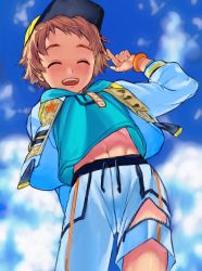 Rule 34 | 1boy, abs, baseball cap, blue sky, blush, bracelet, breasts, brown hair, clothes lift, cloud, day, ensemble stars!, closed eyes, from above, hat, highres, hood, hoodie, jewelry, korpokkur kne, male focus, midriff, navel, outdoors, shirt lift, sky, smile, solo, tenma mitsuru, toned, toned male