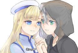 Rule 34 | 2girls, alternate costume, blonde hair, blue eyes, braid, collarbone, eye contact, fate (series), gray (fate), green eyes, grey hair, grin, hat, highres, interlocked fingers, long hair, looking at another, lord el-melloi ii case files, multiple girls, parted lips, pointy nose, reines el-melloi archisorte, satou usuzuku, see-through, short hair, simple background, smile, upper body, white background, yuri