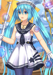 Rule 34 | 1girl, :d, anchor necklace, bad id, bad pixiv id, black pantyhose, black sailor collar, blue eyes, blue hair, blue sky, blush, breasts, bubble, cloud, collarbone, commentary request, day, dress, flag, gloves, hat, hatsune miku, holding, holding flag, jewelry, long hair, looking at viewer, medium breasts, necklace, open mouth, outdoors, pantyhose, revision, rope, sailor collar, sailor dress, sky, sleeveless, sleeveless dress, smile, solo, star (symbol), sun, tukino neru, twintails, very long hair, vocaloid, white dress, white gloves, white hat