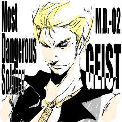 Rule 34 | 1980s (style), 1boy, blonde hair, close-up, dog tags, grin, jacket, m.d. geist, male focus, mds-02 geist, muscular, muscular male, oldschool, open clothes, open jacket, retro artstyle, smile, solo, upper body, white background, yuumin