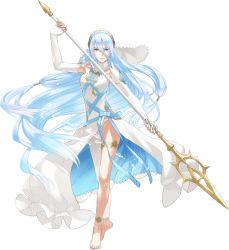 Rule 34 | 1girl, anklet, azura (fire emblem), barefoot, blue hair, dress, elbow gloves, fire emblem, fire emblem fates, gloves, hair between eyes, hairband, highres, jewelry, kozaki yuusuke, long hair, looking at viewer, necklace, nintendo, official art, polearm, ribbon, spear, transparent background, veil, very long hair, weapon, yellow eyes