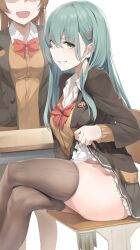Rule 34 | 2girls, absurdres, aqua eyes, aqua hair, brown hair, brown jacket, brown skirt, brown socks, chair, commentary request, desk, frilled skirt, frills, hair ornament, hairpin, highres, jacket, kantai collection, kneehighs, kumano (kancolle), kumano kai ni (kancolle), lifted by self, long hair, looking at viewer, miniskirt, multiple girls, no panties, open mouth, pleated skirt, ponytail, red ribbon, ribbon, school chair, school desk, school uniform, shirt, skirt, smile, socks, suzuki (68914435), suzuya (kancolle), suzuya kai ni (kancolle), teeth, thick thighs, thighhighs, thighs, tongue, white shirt