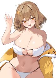 Rule 34 | 1girl, absurdres, ahoge, anis (nikke), anis (sparkling summer) (nikke), bare shoulders, bikini, breasts, brown hair, cleavage, eyepatch bikini, goddess of victory: nikke, highres, jacket, jewelry, large breasts, looking at viewer, mindoll, navel, official alternate costume, short hair, smile, solo, sunglasses, swimsuit, thighs, white background, white bikini, yellow jacket