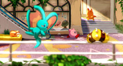 Rule 34 | :o, arms up, artist name, awoofy, blue eyes, blurry, blurry foreground, blush, blush stickers, building, closed eyes, commentary request, depth of field, elfilin, escalator, green headwear, hat, highres, kirby, kirby (series), kirby and the forgotten land, leo taranza, looking at another, looking back, needlous, nintendo, no humans, nose bubble, notched ear, open mouth, pink headwear, plant, railing, running, scenery, sleeping, spikes, stairs, twitter username, unworn hat, unworn headwear, vines, window