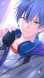 Rule 34 | 1boy, aoyagi touya, backlighting, blue hair, close-up, closed mouth, collarbone, dot nose, dutch angle, fingernails, grey eyes, grey hoodie, hair between eyes, hand on headphones, hand up, headphones, headphones around neck, highres, hood, hood down, hoodie, lens flare, light blue hair, light particles, looking at viewer, male focus, mole, mole under eye, multicolored hair, official style, open clothes, open hoodie, project sekai, purple hood, sekina, serious, shirt, split-color hair, tsurime, two-tone hair, upper body, white shirt