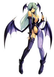 Rule 34 | 1girl, alternate costume, asymmetrical clothes, bare shoulders, bat wings, breasts, capcom, demon girl, dominatrix, eyepatch, fingerless gloves, gloves, green eyes, green hair, head wings, highres, large breasts, leather, legs, long hair, matching hair/eyes, midriff, morrigan aensland, nail polish, non-web source, pantyhose, purple nails, shingo (missing link), simple background, single thighhigh, solo, tan, thighhighs, vampire (game), whip, white background, wings