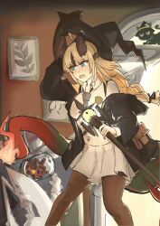 Rule 34 | 1girl, absurdres, arknights, astrograph21, black coat, black pantyhose, blonde hair, cat, coat, dragon girl, dragon horns, dragon tail, flame-tipped tail, highres, holding, holding staff, horns, indoors, long hair, long sleeves, official alternate costume, open clothes, open coat, pantyhose, pleated skirt, reed (arknights), reed the flame shadow (arknights), reed the flame shadow (curator) (arknights), skirt, solo, staff, tail, white skirt