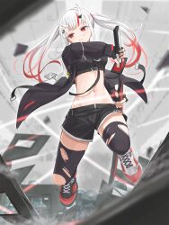 Rule 34 | 1girl, alternate costume, asymmetrical footwear, black gloves, black shorts, black thighhighs, closed mouth, crop top, expressionless, fingerless gloves, full body, gloves, hair ornament, highres, holding, holding sword, holding weapon, hololive, horns, id card, long hair, long sleeves, looking away, mismatched footwear, multicolored hair, nakiri ayame, navel, norio (noriosub), red eyes, red hair, sheath, shoes, short shorts, shorts, skin-covered horns, solo, stomach, streaked hair, sword, thighhighs, torn clothes, torn thighhighs, twintails, unsheathing, virtual youtuber, weapon, white hair
