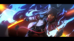 Rule 34 | 1girl, action, animal ear fluff, animal ears, arknights, aura, black gloves, black hair, black pantyhose, black shirt, black shorts, blood, blood on face, cowboy shot, dadijiji, dual wielding, gloves, glowing, glowing eyes, glowing sword, glowing weapon, hair between eyes, holding, holding sword, holding weapon, injury, jacket, letterboxed, long hair, long sleeves, name tag, open mouth, pantyhose, red eyes, rubble, shirt, short shorts, shorts, shouting, solo, strap, sword, texas (arknights), torn clothes, weapon, white jacket, wolf ears