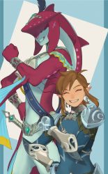 Rule 34 | 2boys, armor, blonde hair, blue background, blue bodysuit, bodysuit, clenched hand, closed eyes, colored skin, cowboy shot, earrings, facing viewer, fins, fish boy, grin, hand up, highres, ivy (sena0119), jewelry, link, male focus, monster boy, multicolored skin, multiple boys, navel, nintendo, official alternate costume, pointy ears, red skin, sharp teeth, shoulder plates, sidon, smile, sword, teeth, the legend of zelda, the legend of zelda: breath of the wild, weapon, white background, zora, zora set (zelda)