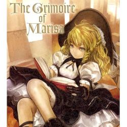 Rule 34 | 1girl, asai genji, blonde hair, book, cover, cover page, female focus, hat, kirisame marisa, lowres, official art, scan, sitting, solo, touhou, witch, witch hat